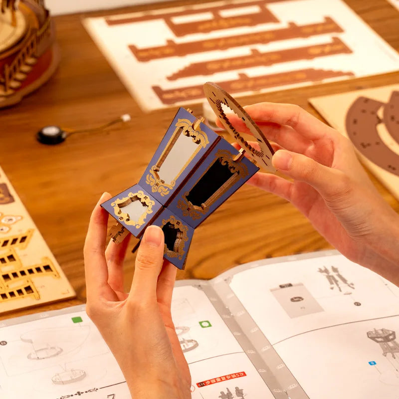 Wooden Puzzle Carousel Music Box With LED Lights