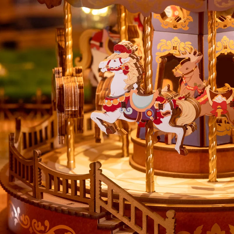 Wooden Puzzle Carousel Music Box With LED Lights