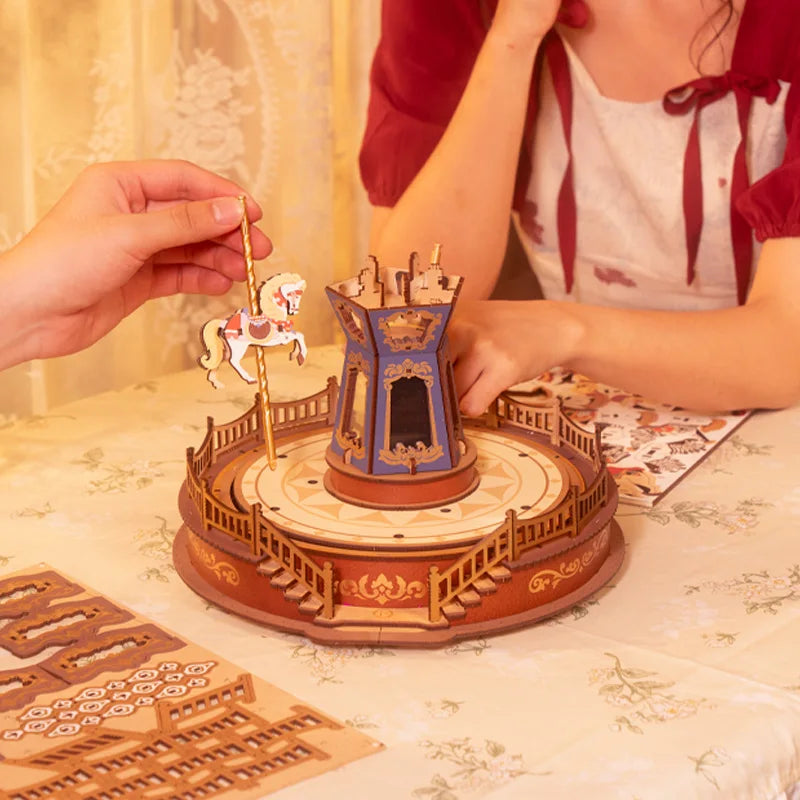 Wooden Puzzle Carousel Music Box With LED Lights