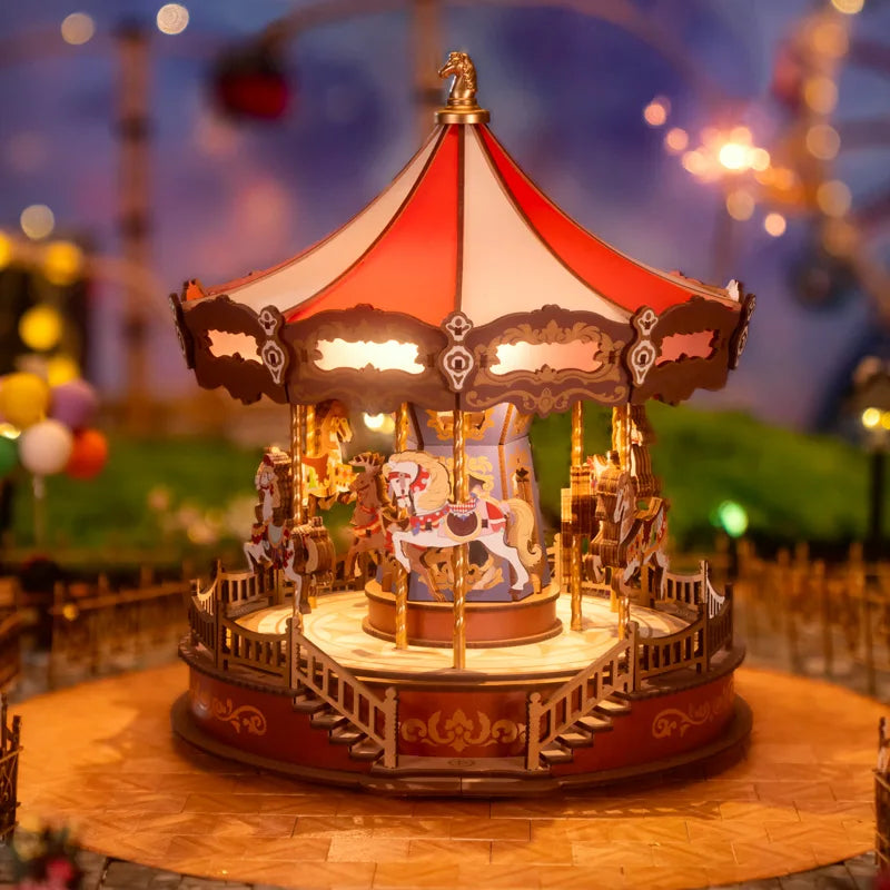 Wooden Puzzle Carousel Music Box With LED Lights
